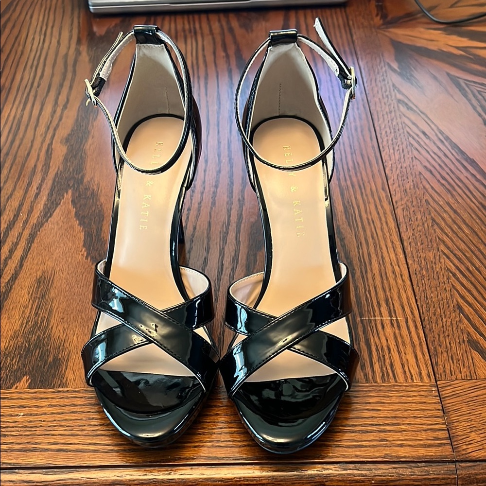 Black Patent Leather Strappy Heels, Kelly & Katie Sanesa, Size 8, 4” Heels